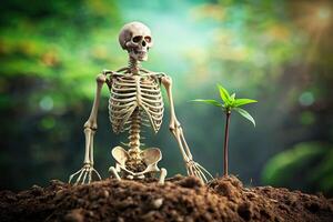 Abstract photo of glowing skeleton with organic growth in tilted angle