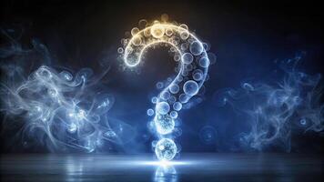 Abstract questioning mark design with glowing circles on smoke gradient background photo