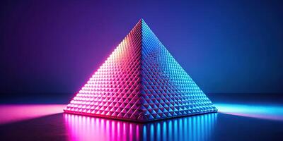 Abstract pyramidal surface illuminated in blue and pink light from a low angle photo