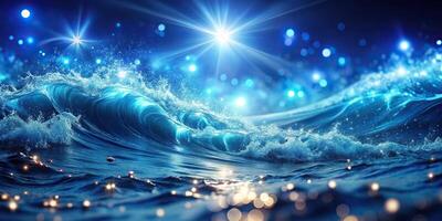 Abstract ocean waves dynamic blue water with sparkling lights point of view photo