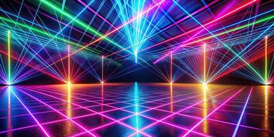 Abstract neon laser light show with reflective floor macro photo