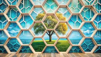 Abstract mural with white lattice, turquoise and blue tree, dynamic hexagons on oak background photo