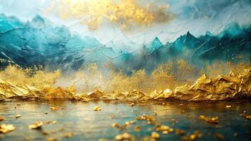 Abstract landscape with texture paste and gold leaf highlights evoking a serene atmosphere photo