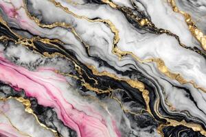 Abstract marble texture in black white and pink with golden veins at eye level photo