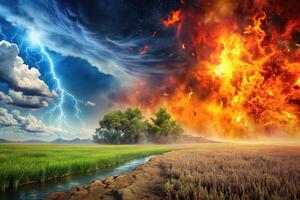 Abstract landscape of climate change with rising temperatures, storms, and fires photo
