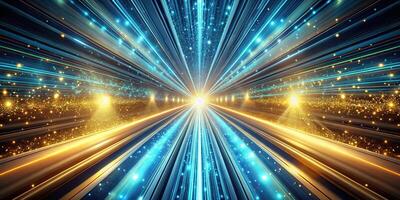 Abstract image of a warp speed tunnel with gold and cyan-blue colors and particles. photo