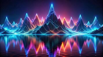 Abstract futuristic artwork of glowing waveform mountains reflecting in surreal background, perfect as a wide-angle wallpaper photo