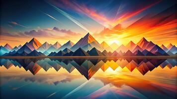 Abstract geometric landscape reflecting colorful mountains in water at sunset photo