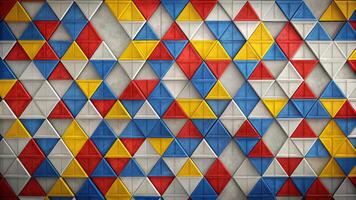 Abstract geometric design featuring red, yellow, and blue triangles with white outlines on a gray background photo