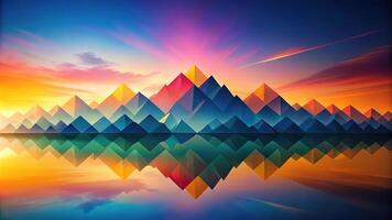 Abstract geometric landscape with colorful mountains reflected in water at sunset photo