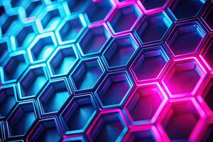 Abstract hexagonal pattern with blue and pink illumination on dark background macro photo