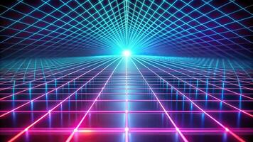 Abstract glowing neon grid pattern in perspective futuristic background with depth of field photo