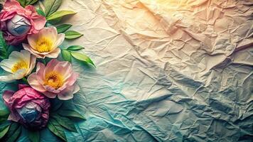 Abstract gradient colored paper with wrinkled flowers pattern, viewed from above photo