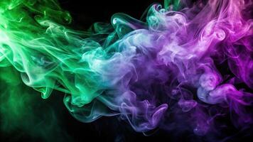 Abstract green and purple smoke on black background resembling a soft cloudy wave texture with a worm's eye view photo