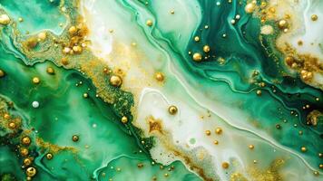 Abstract green, white, and gold resin background with depth of field effect photo