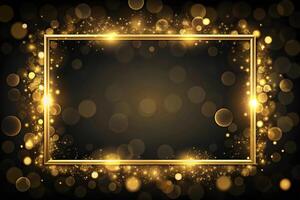 Abstract dark bokeh background with low angle gold frame and light effect photo
