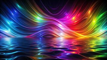 abstract empty background with neon colors flow around colorful lights spectrum under glass dark background photo