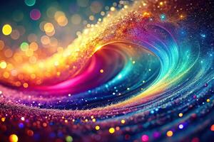 Abstract colorful wave with glittering particles high angle photo