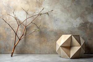 abstract composition, geometric shapes, solitary twig, muted background, textured, wide-angle photo