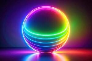 Abstract colorful glowing neon light sphere reflected photo