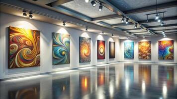 Abstract art gallery with intricate swirl patterns and modern lighting long shot photo