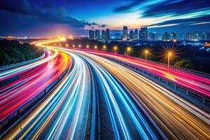 Abstract background of long exposure dynamic speed light trails from an aerial perspective photo