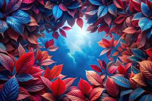 Abstract background of blue and red leaves with jungle plants in Worm's Eye View perspective photo