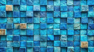 abstract background of a wall of square stones mostly blue in color Panoramic photo