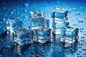 Abstract background featuring tilted angle cubes of ice and drops on blue surface, with copy space photo