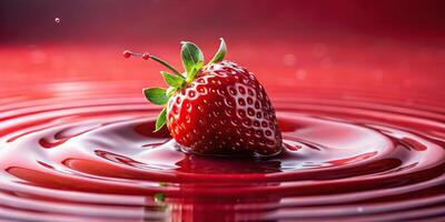 A single strawberry sinking into a red liquid splash with depth of field photo