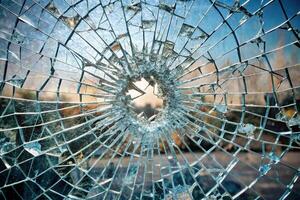 A shattered glass window with shards of glass scattered around it photo