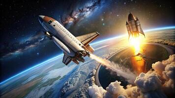 A space shuttle taking off with Earth in background photo