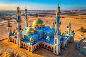 A stunning aerial view of a mosque in the desert, featuring blue and gold architecture photo