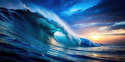 Abstract blurred wave pattern in tilted angle with grain noise on blue sky gradient background photo