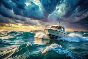 Abstract boat on rough ocean background photo