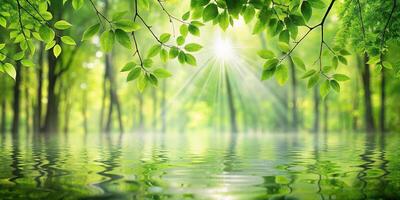 A serene forest scene with sunlight filtering through green leaves photo