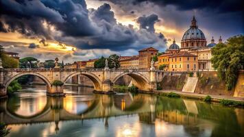 A unique perspective of Ponte Fabricio in Rome with a dark sky and Tiber Island Synagogue in the background photo