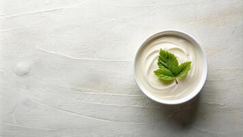 A table set with a bowl of cream, a sheet of paper, and a leaf viewed from above photo