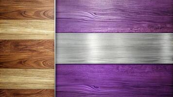Abstract and modern background with metallic and wooden textures in purple and white colors, aerial view photo