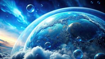 Abstract blue planet bubble with clouds photo