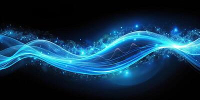Abstract blue gradient wave on black background with blurry lights and dark noise texture, creating depth of field effect photo