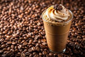 A close-up of a cup of freshly brewed frappuccino coffee with coffee beans photo
