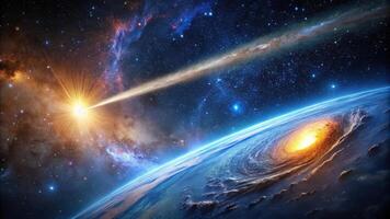 A chilling scene of a rogue comet hurtling through space and leaving a trail of dust against the backdrop of a distant galaxy photo