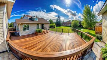 A fisheye view of a residential backyard with a composite deck photo