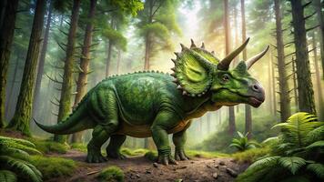 A green Triceratops dinosaur standing in a forest from a low angle view. photo