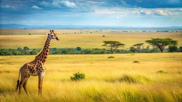 A giraffe wandering in the open desert African savannah safari from a high angle photo
