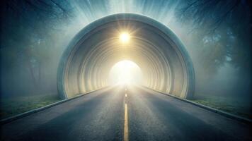 A dreamy tunnel with soft light filtering through mist photo