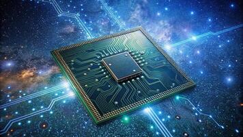 A low angle view of a constellation of the zodiac Taurus microchip printed circuit board against a starry sky photo