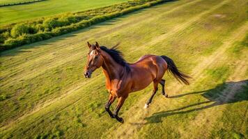 A majestic brown stallion standing in a beautiful countryside field, captured from an aerial perspective photo