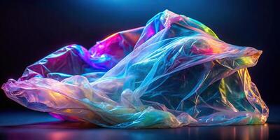 Abstract bioluminescent iridescent plastic bag flowing gracefully in background with perfect effect overlay for photoshoot or mockups point of view photo